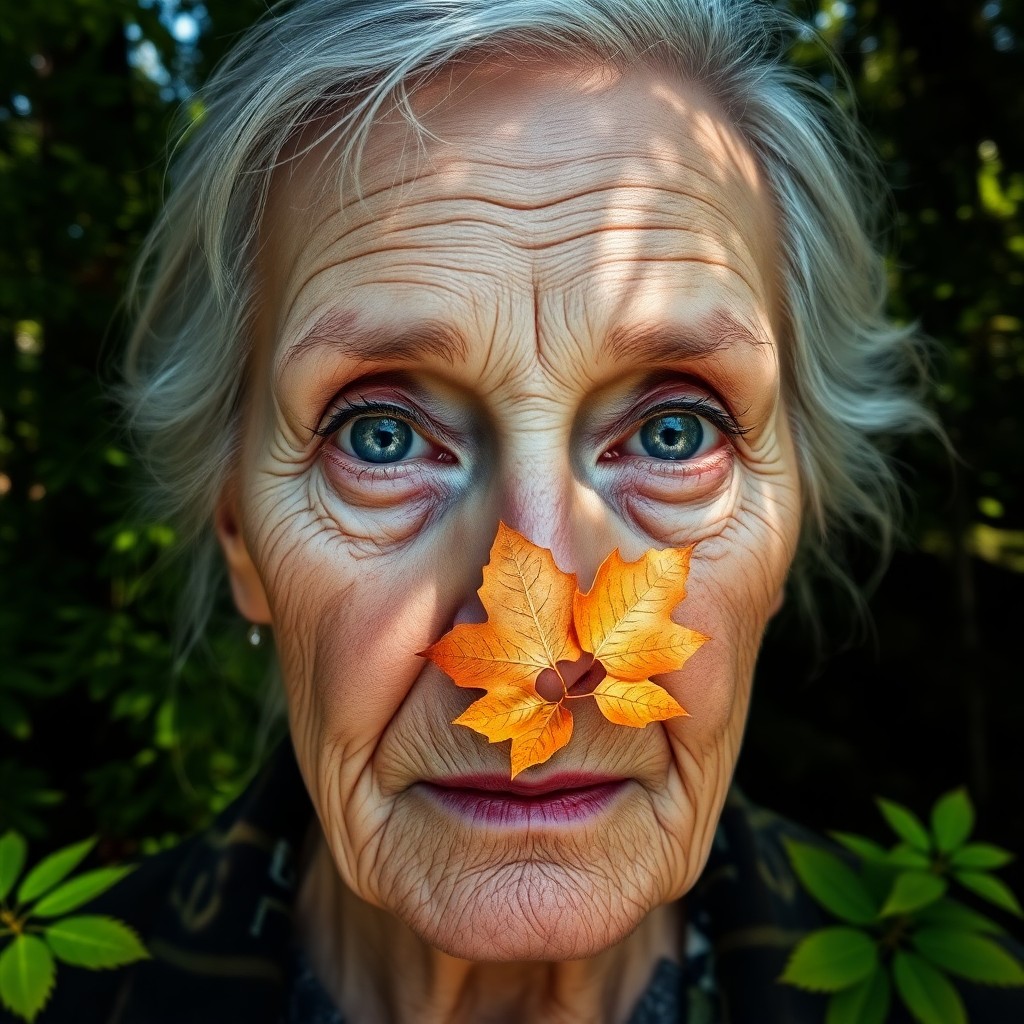 AI generated art for prompt: A captivating double exposure portrait showcases an elderly woman with piercing blue eyes and silver