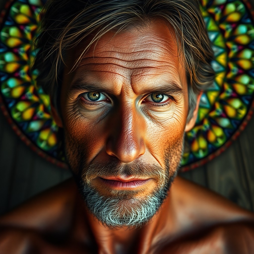 AI generated art for prompt: Conjure a photorealistic portrait of a ruggedly handsome man with piercing green eyes and weathered 