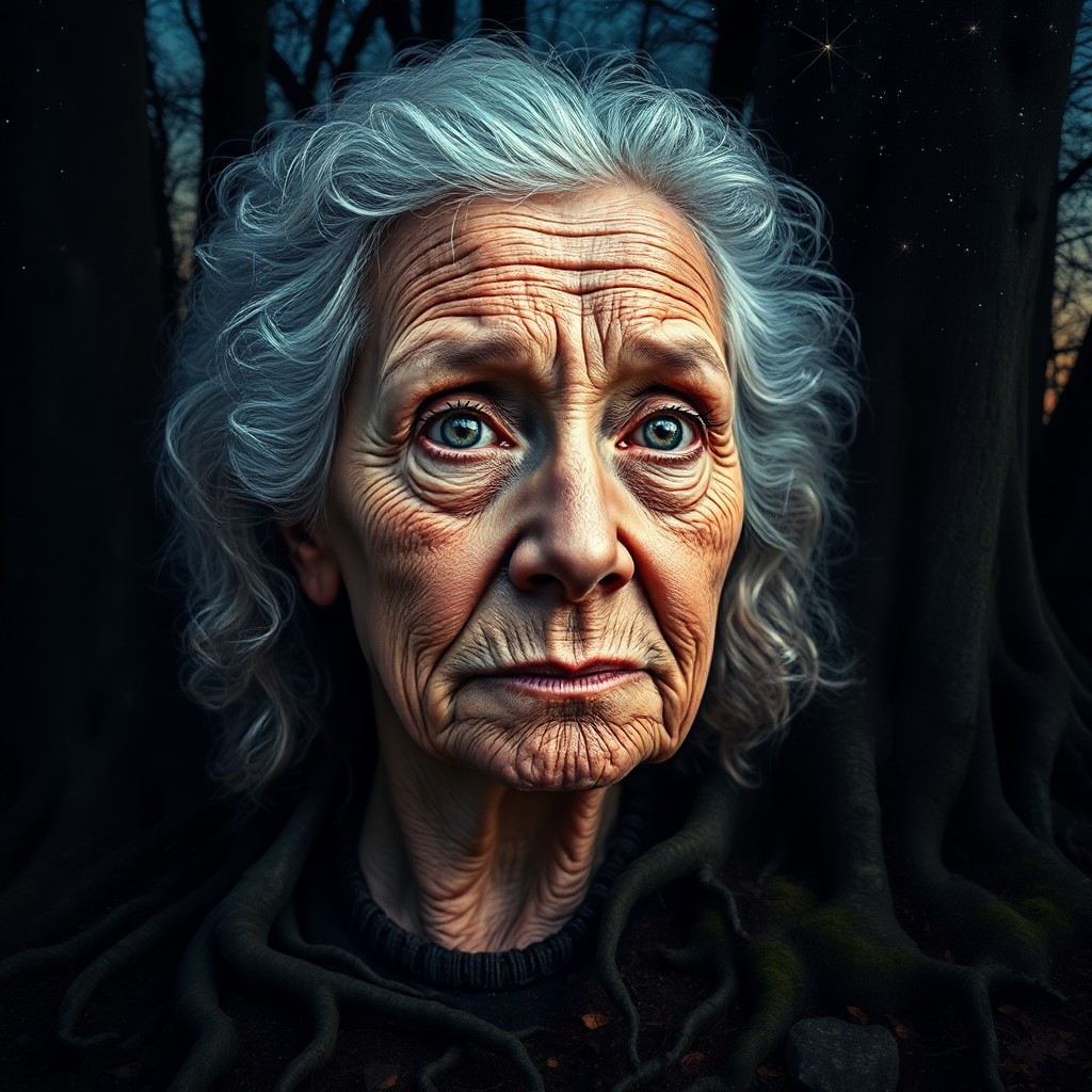 AI generated art for prompt: A photorealistic portrait captured with a smartphone camera depicts an older woman adorned in weathe