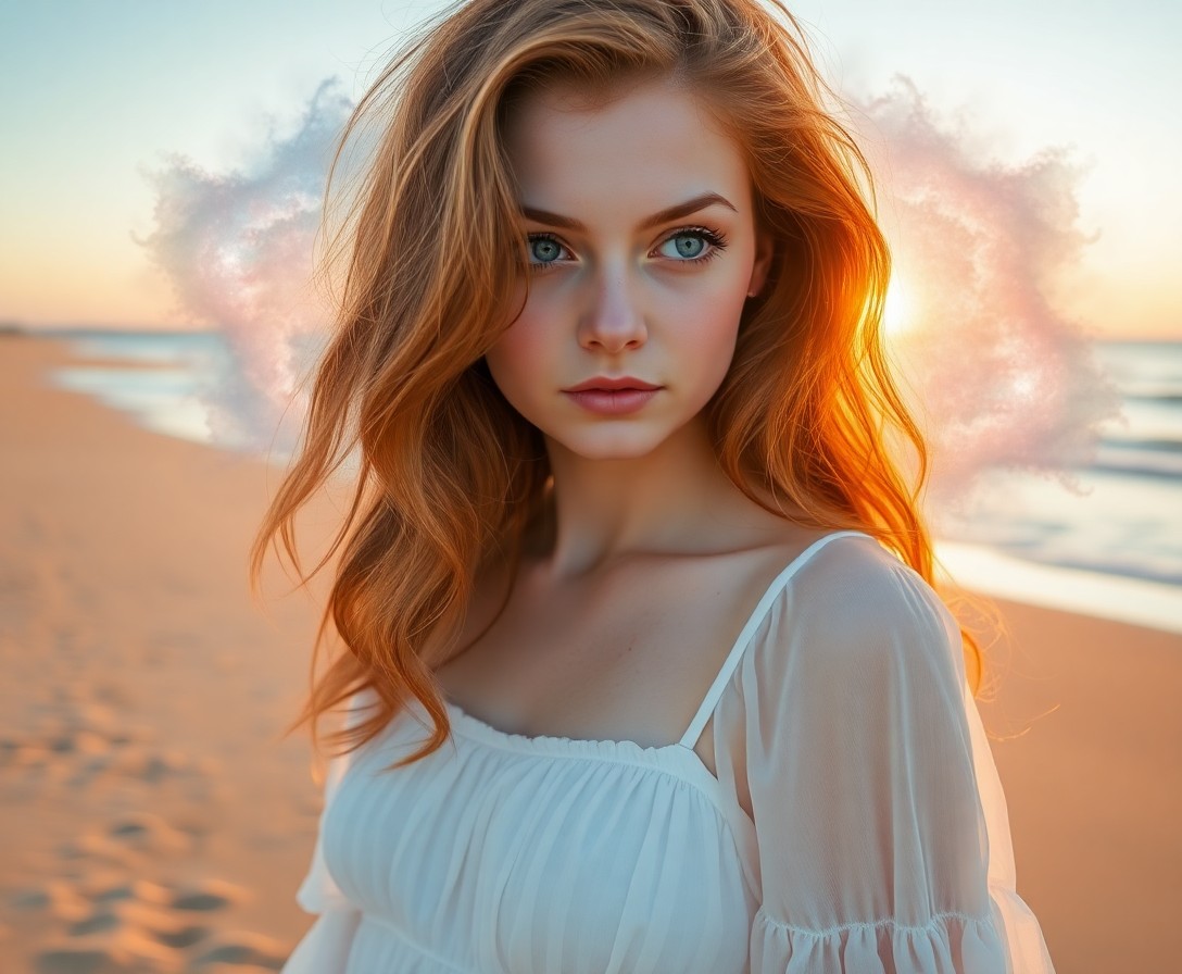 AI generated art for prompt: A portrait photograph captures a young woman with long, wavy auburn hair and piercing green eyes. He