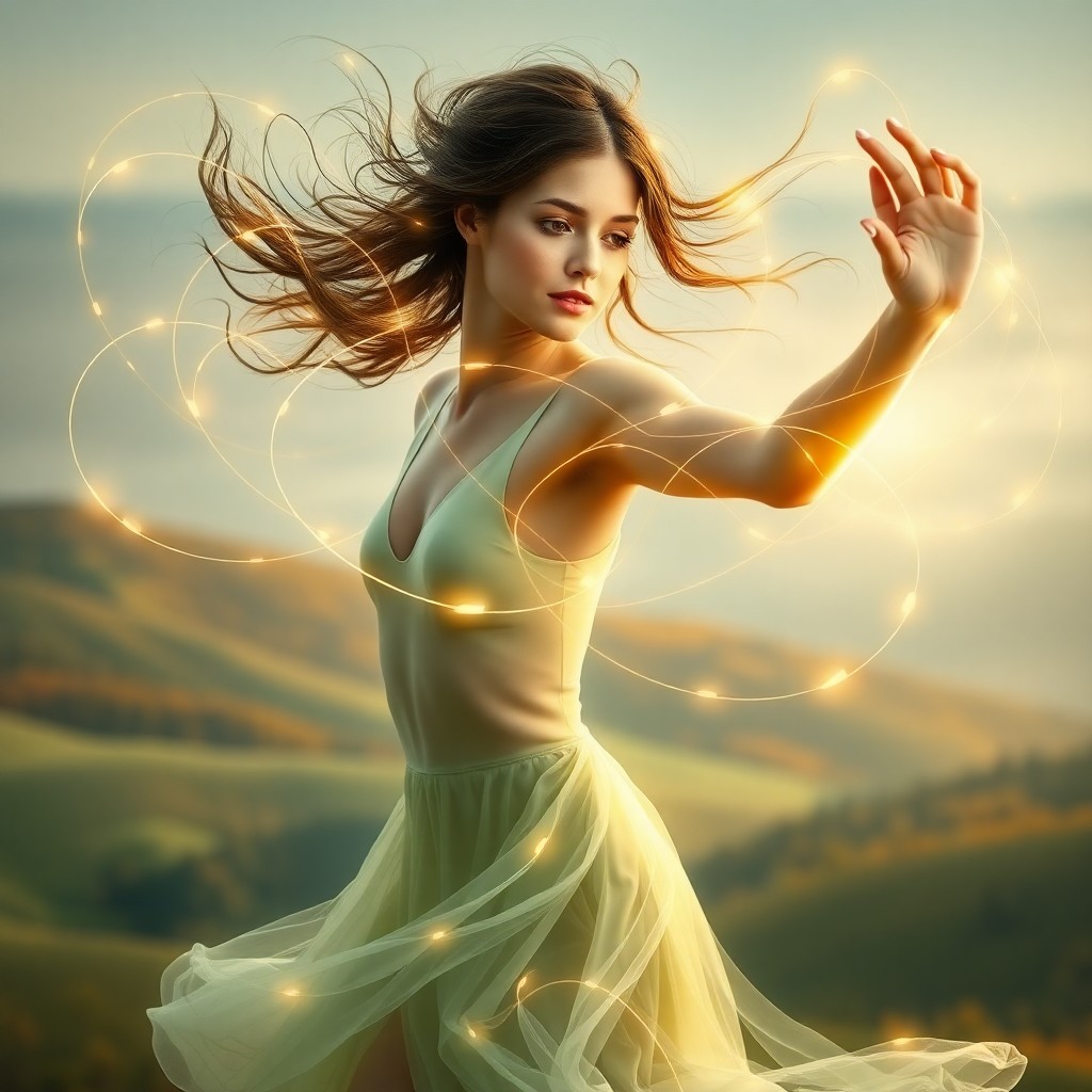 AI generated art for prompt: A serene portrait depicts an ethereal dancer mid-twirl, embodying a graceful fusion of human form an