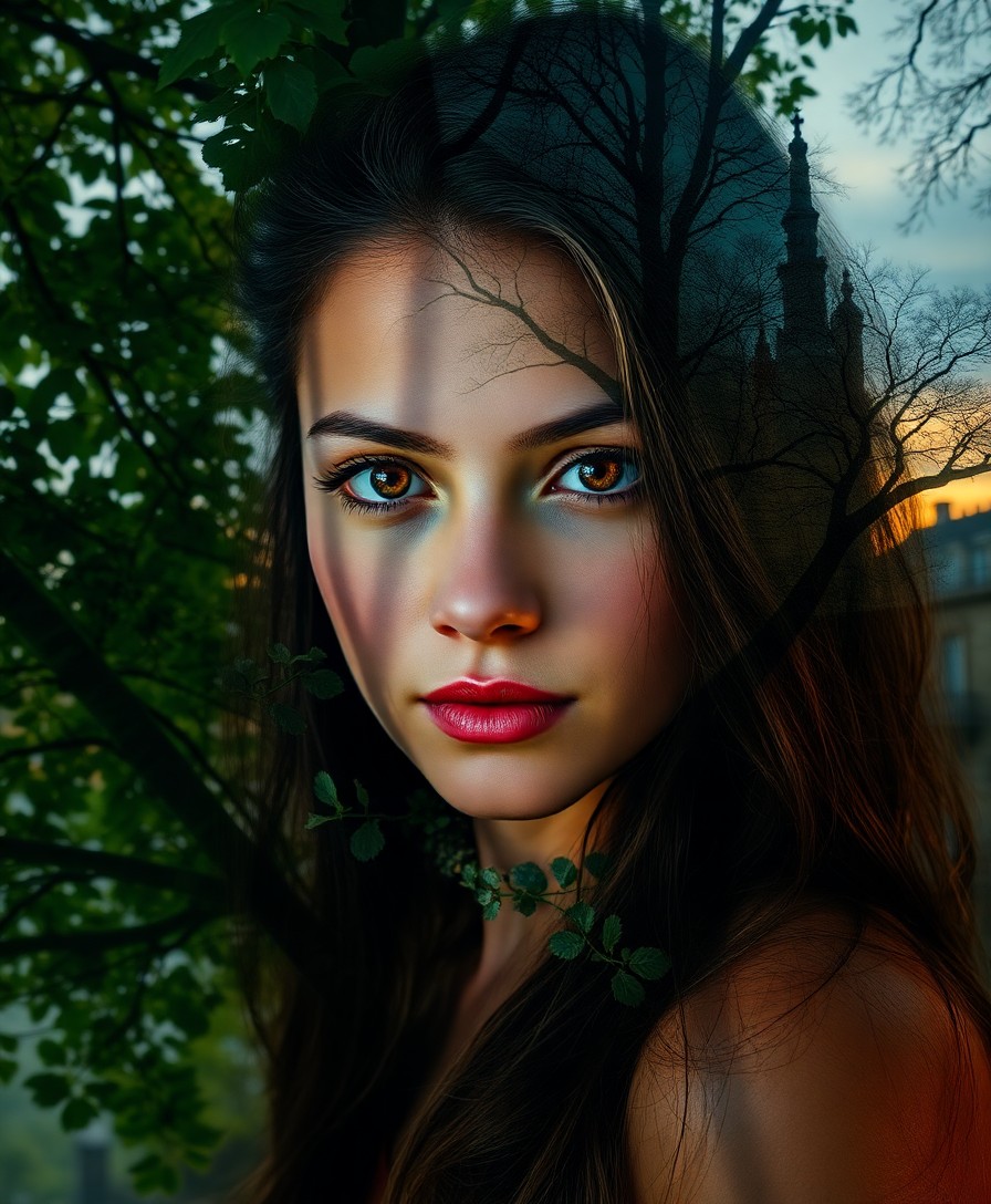 AI generated art for prompt: A captivating double exposure portrait of a young woman with piercing amber eyes, her gaze conveying