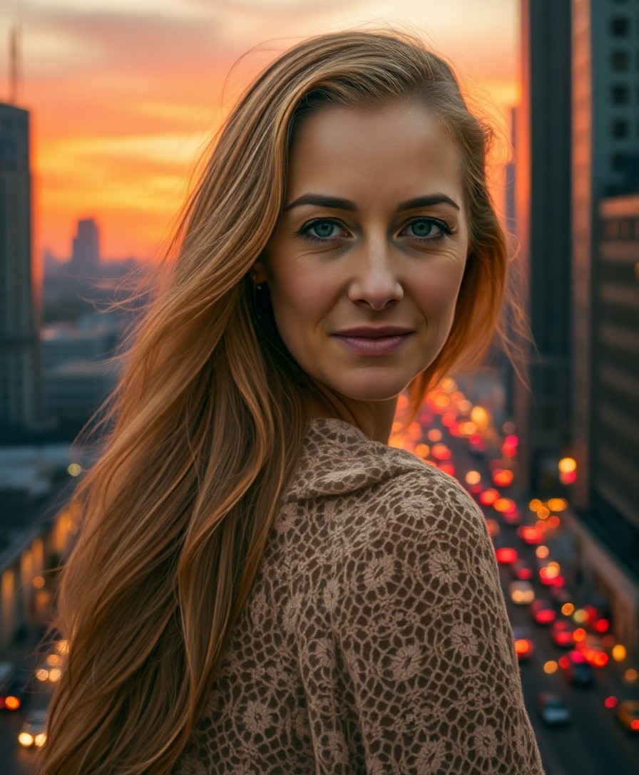 AI generated art for prompt: Imagine a woman with long, flowing hair in shades of gold and amber cascading down her back. Her fac