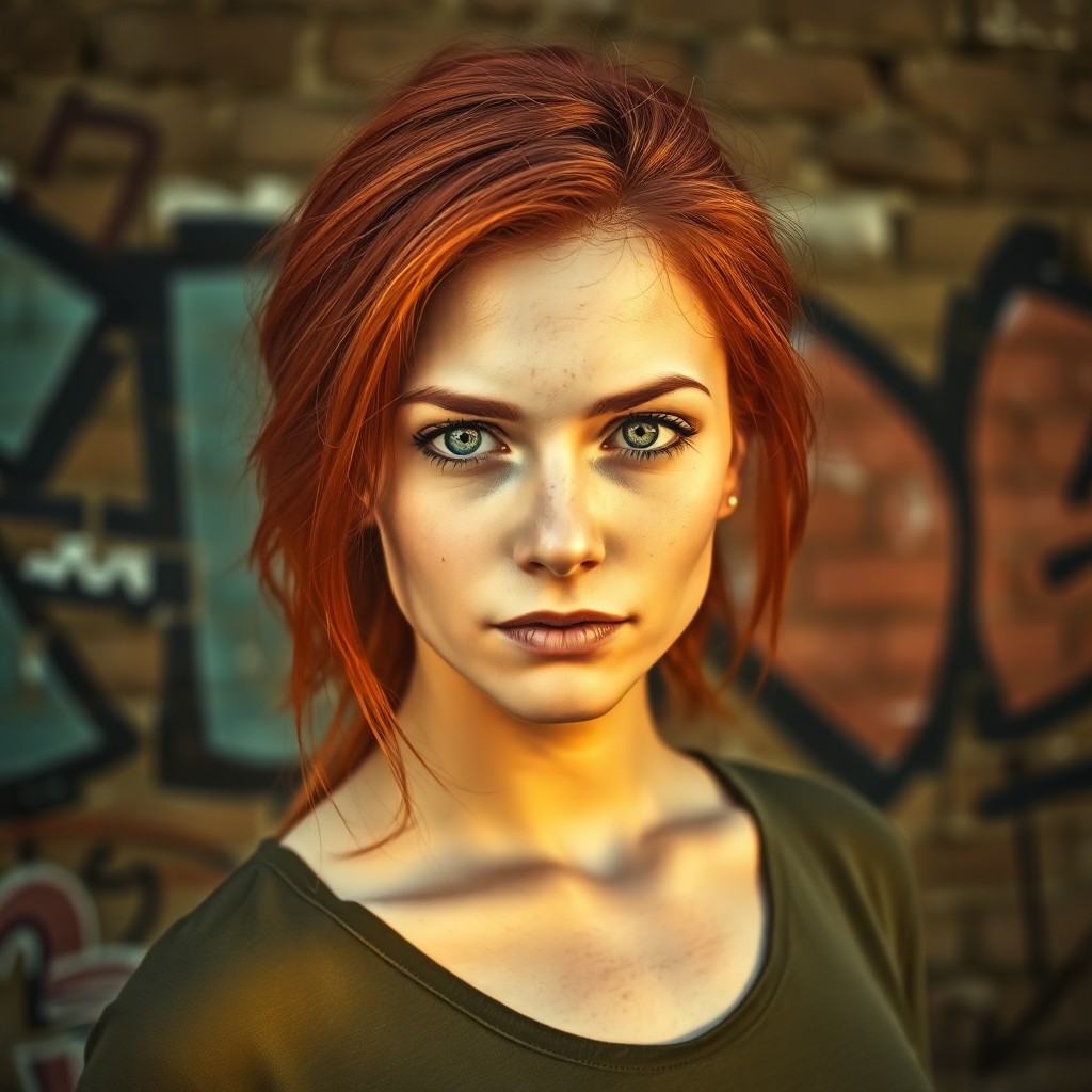 AI generated art for prompt: A photorealistic portrait of a young woman with vibrant red hair and piercing blue eyes stands confi