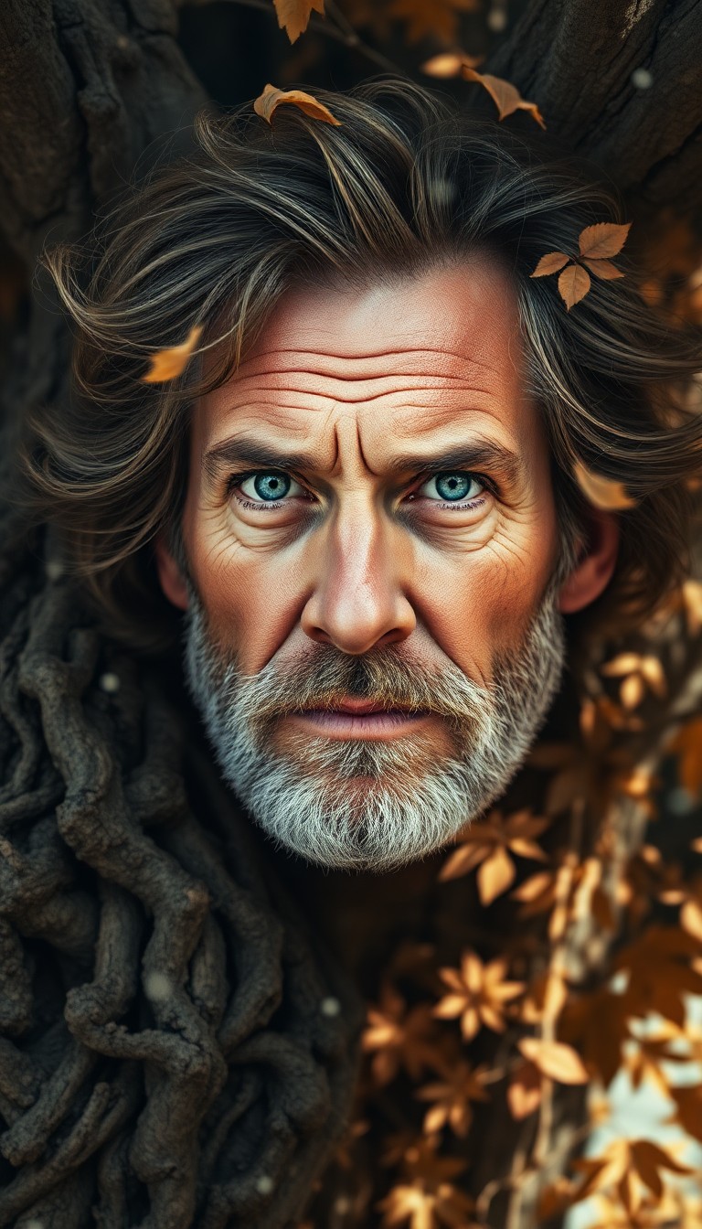 AI generated art for prompt: A captivating double exposure portrait of a rugged middle-aged man with a weathered face and piercin