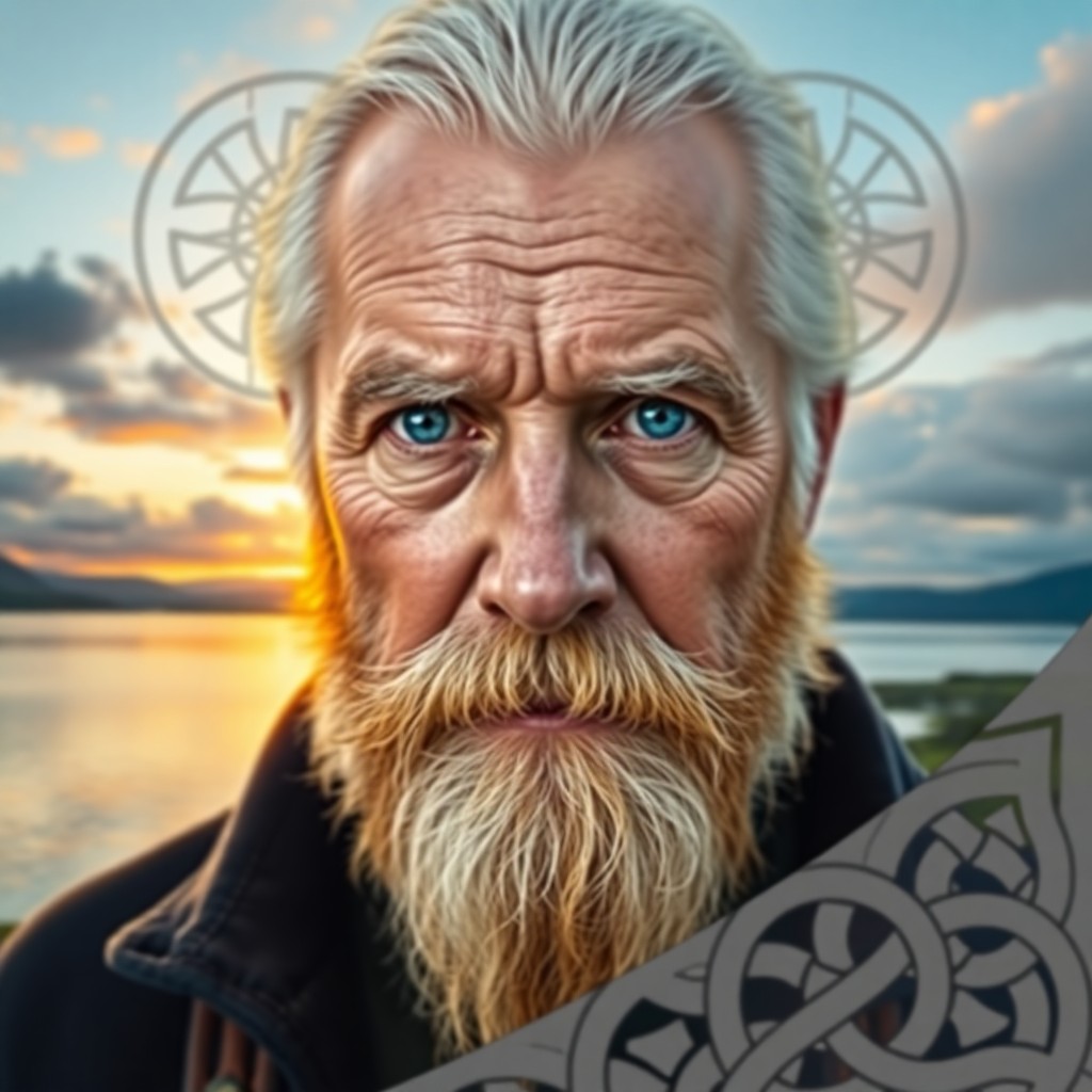 AI generated art for prompt: A photorealistic portrait of an elderly man with piercing blue eyes and a full beard, resembling gol