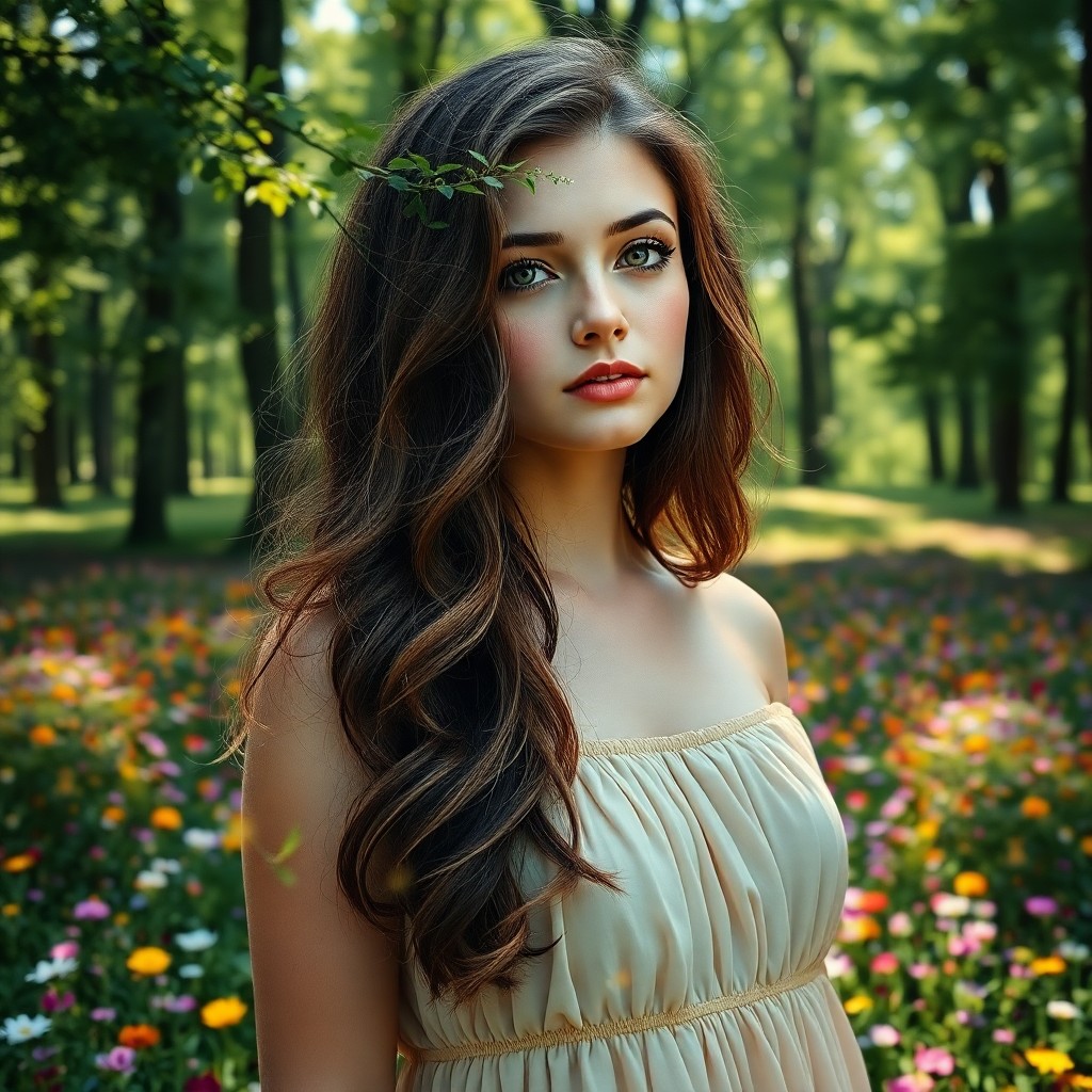 AI generated art for prompt: Amidst a vibrant field of wildflowers, a young woman with deep brown eyes and long, wavy chestnut ha