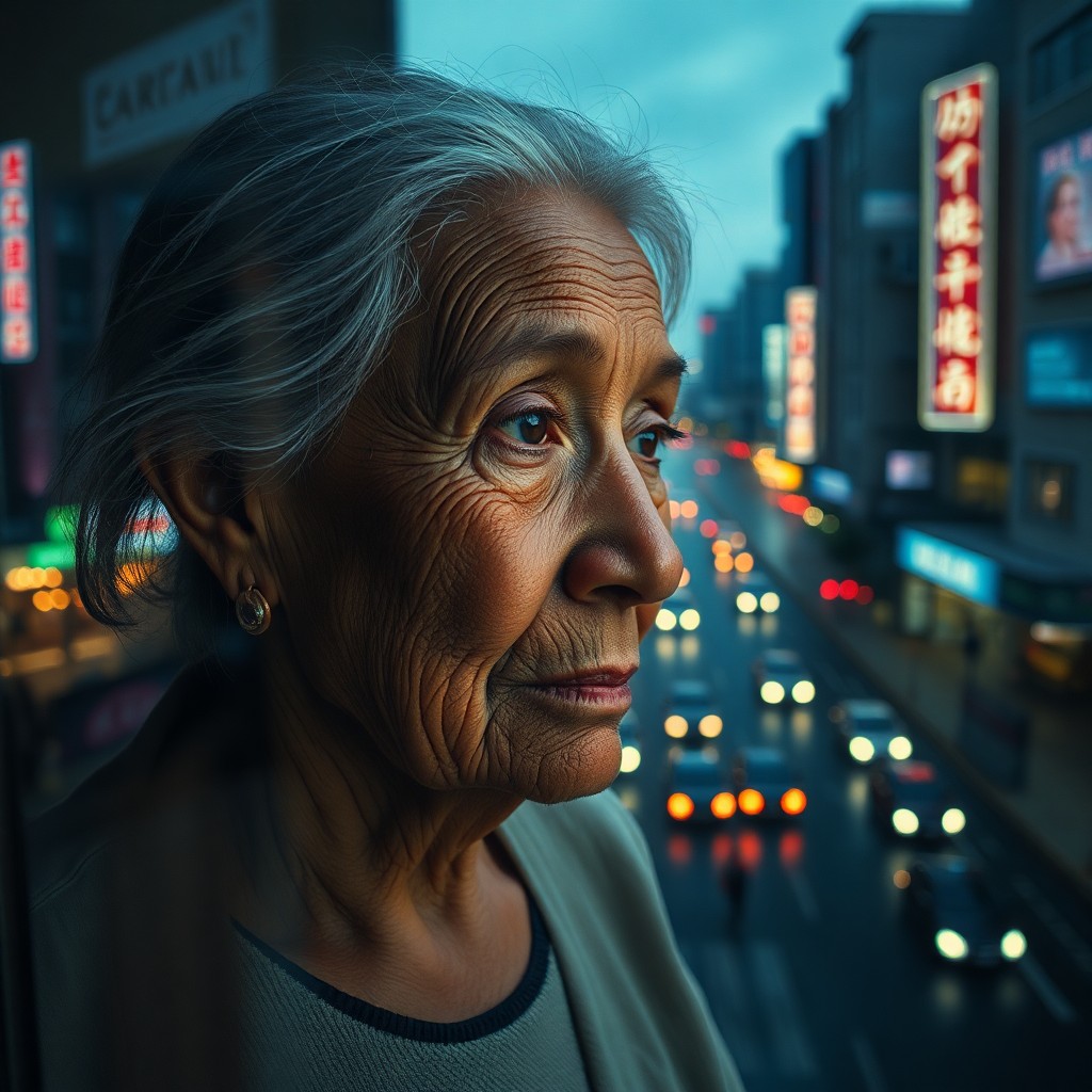 AI generated art for prompt: A portrait photograph portrays an elderly woman with a face bearing the marks of deep wisdom, her ga