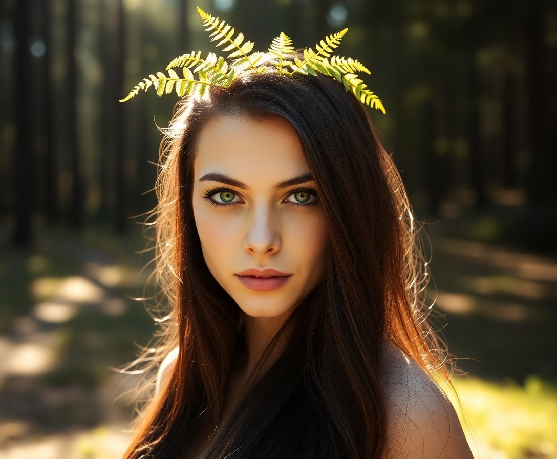 AI generated art for prompt: A portrait photograph captures a striking young woman with long, flowing raven hair and piercing eme