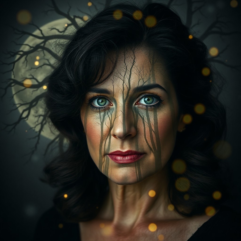 AI generated art for prompt: A captivating double exposure portrait showcases a middle-aged woman with piercing green eyes and da