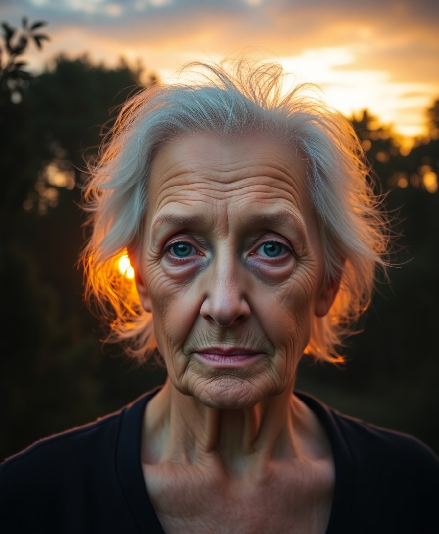 AI generated art for prompt: A portrait, captured by smartphone, depicts an elderly woman with a face etched in time and eyes of 