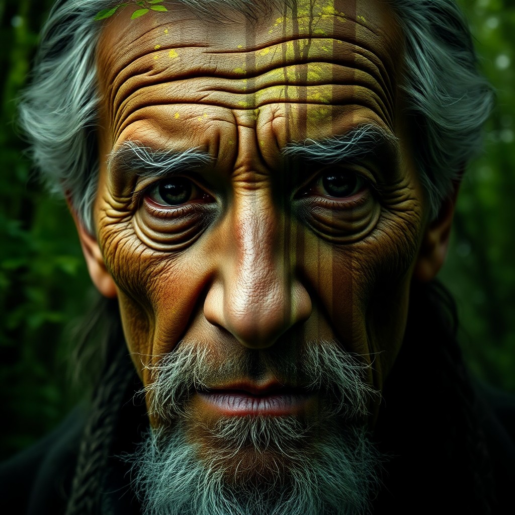 AI generated art for prompt: Enigmatic older gentleman with weathered skin and deep-set eyes, his face adorned by intricate Celti