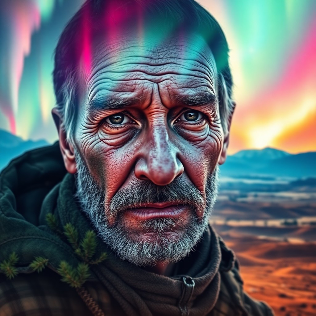 AI generated art for prompt: Craft a photorealistic digital portrait of a weathered adventurer with deep facial lines suggesting 