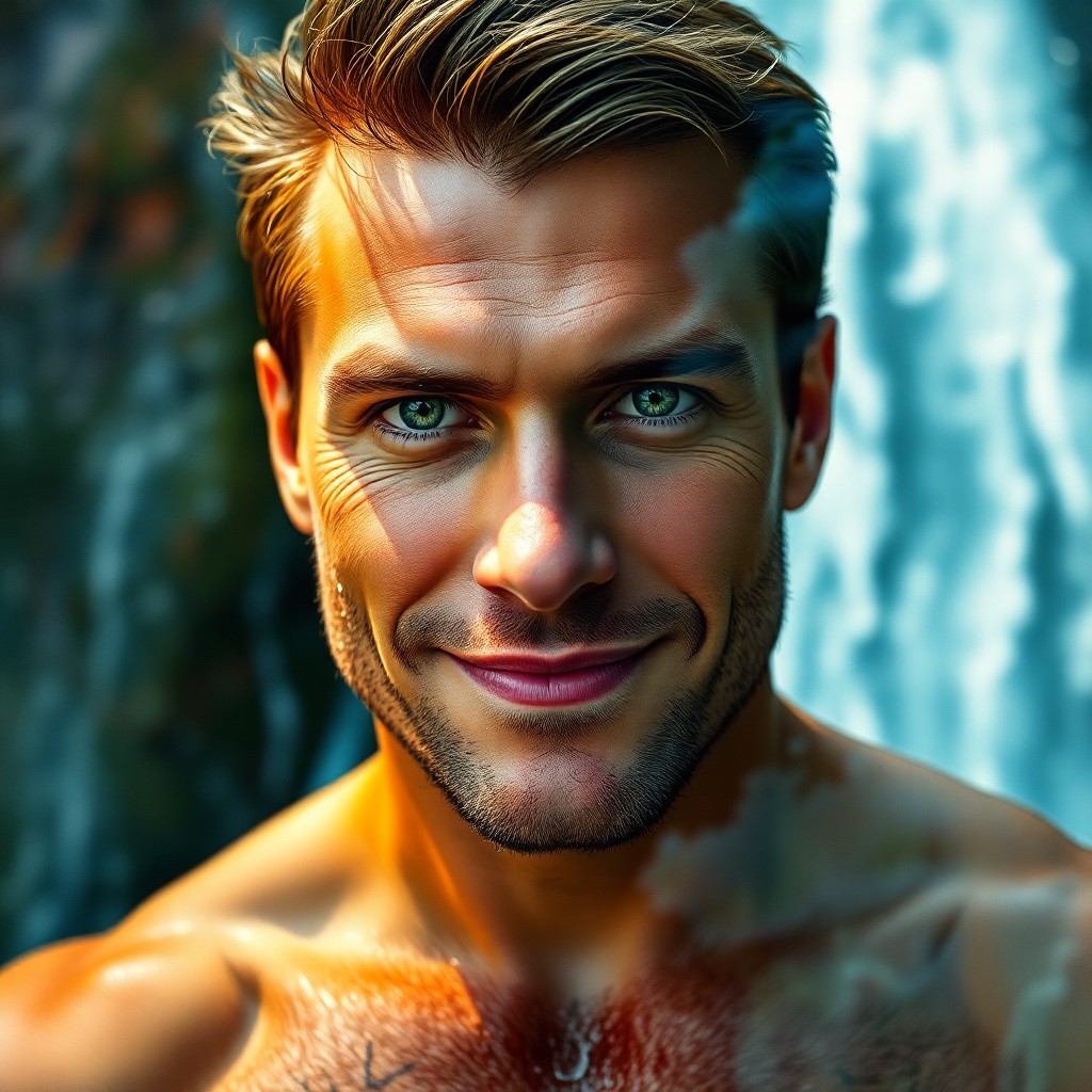 AI generated art for prompt: A ruggedly handsome man with piercing green eyes and a charismatic smile stands confidently at the e