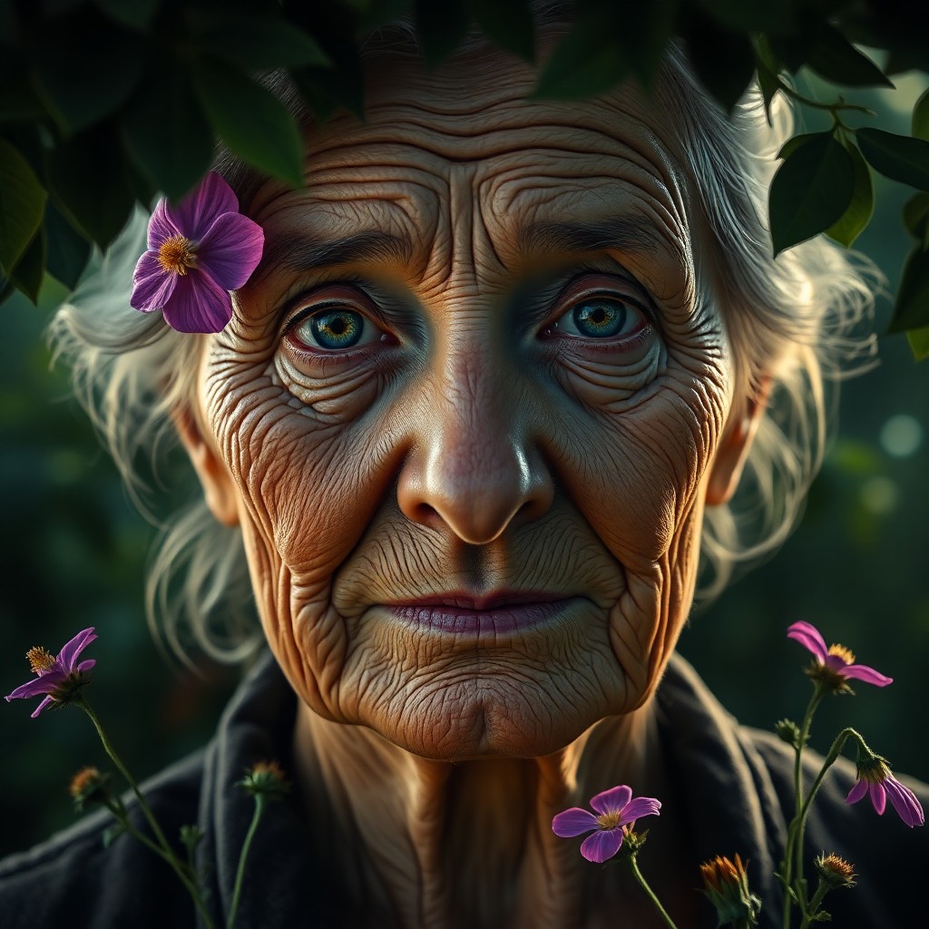 AI generated art for prompt: A striking digital portrait emerges from the interplay between the serene gaze of an elderly woman a