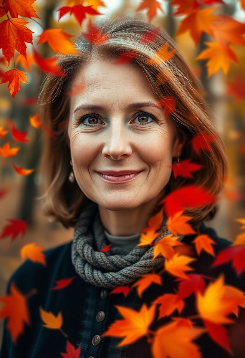 AI generated art for prompt: Create a photorealistic portrait of a middle-aged woman with warm, brown eyes and a timelessly elega