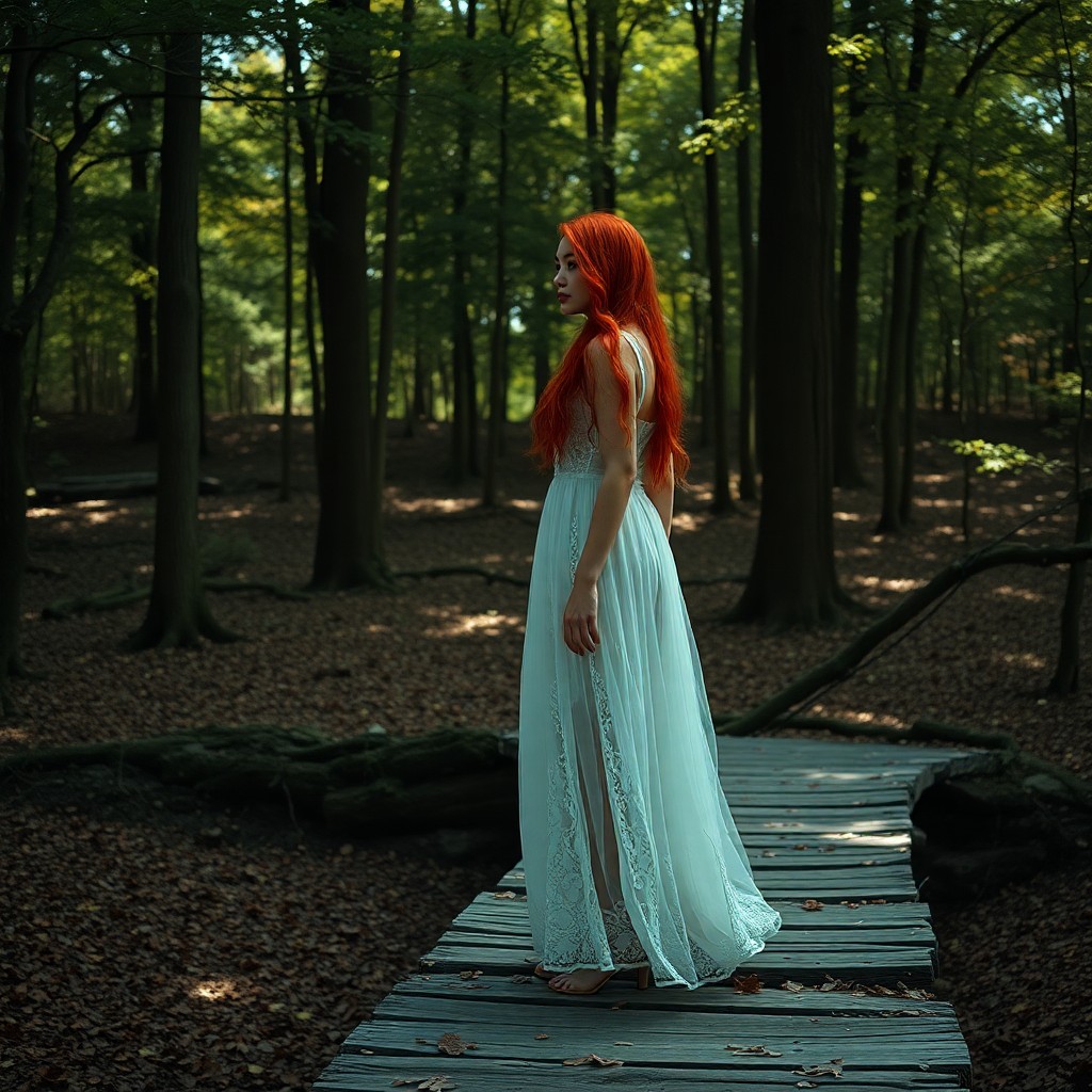 AI generated art for prompt: An ethereal woman with cascading red hair stands at the edge of a rustic wooden bridge, her form tra