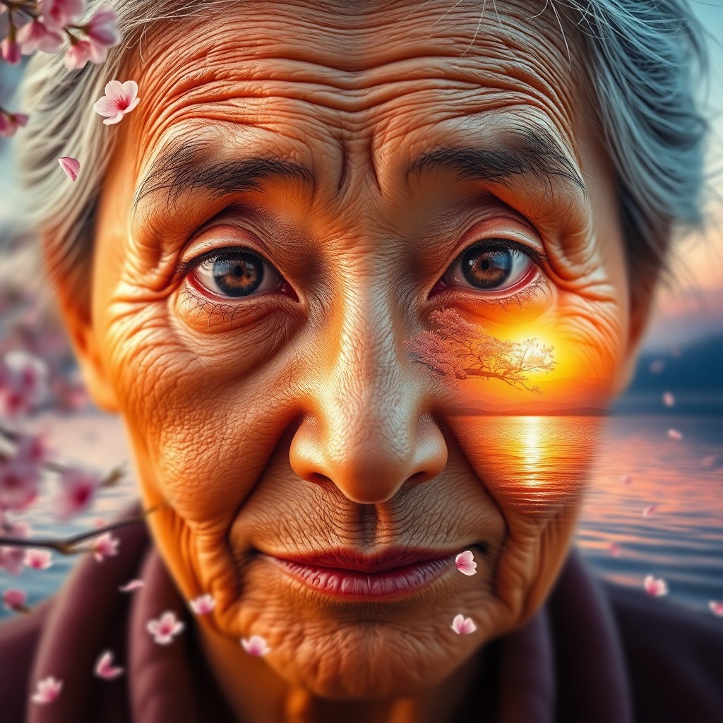 AI generated art for prompt: Craft a photorealistic double exposure portrait showcasing an elderly woman's wisdom through her wea