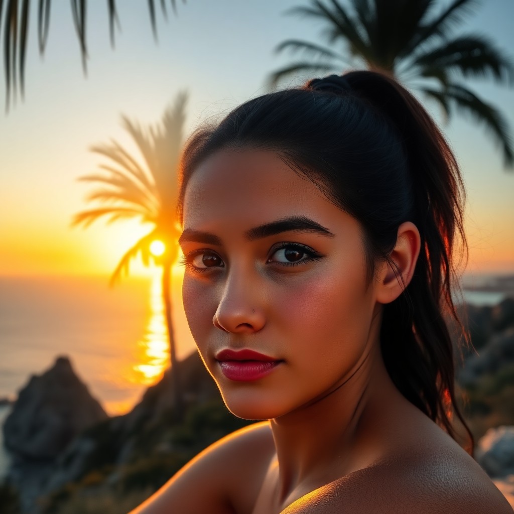 AI generated art for prompt: A young woman with sun-kissed skin and raven hair pulled back in a loose ponytail sits against a bac