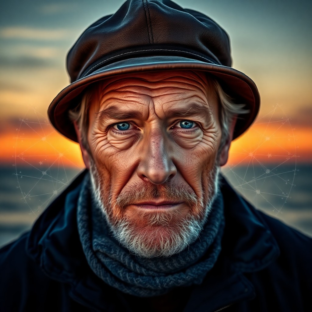 AI generated art for prompt: Envision a portrait of an experienced sailor with his rugged features, etched by years of sea life. 