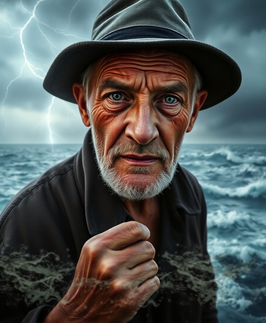 AI generated art for prompt: Create a photorealistic double exposure portrait of an aged fisherman standing at the edge of a vast