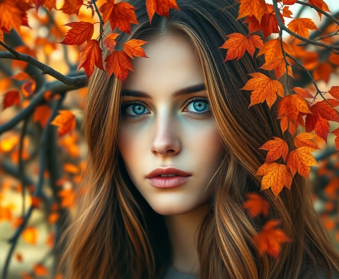 AI generated art for prompt: A photorealistic digital portrait of a young woman with long, flowing hair in deep chestnut and gold