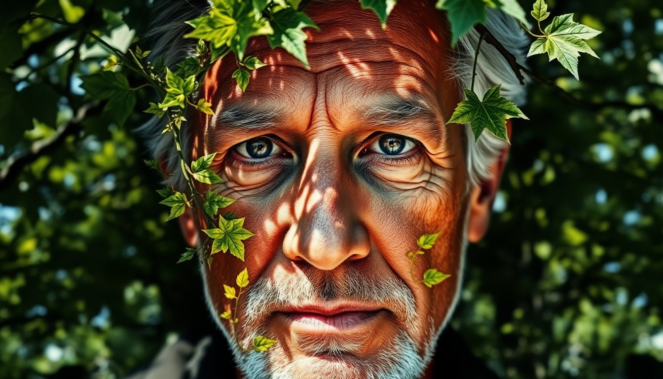 AI generated art for prompt: Imagine a striking double exposure portrait of a middle-aged man with a weathered face, his features