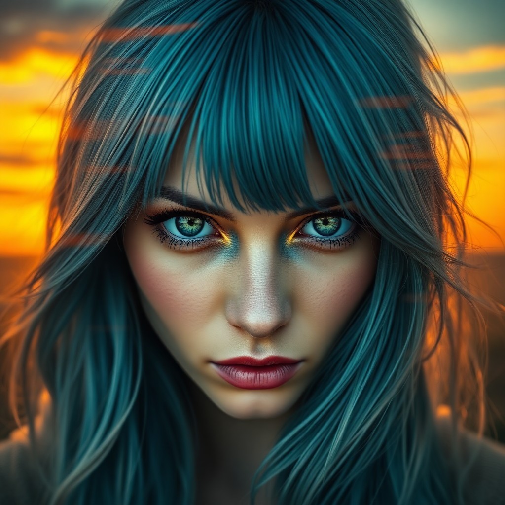 AI generated art for prompt: An enigmatic woman with striking silver-blue hair and piercing emerald eyes captivates in a double e