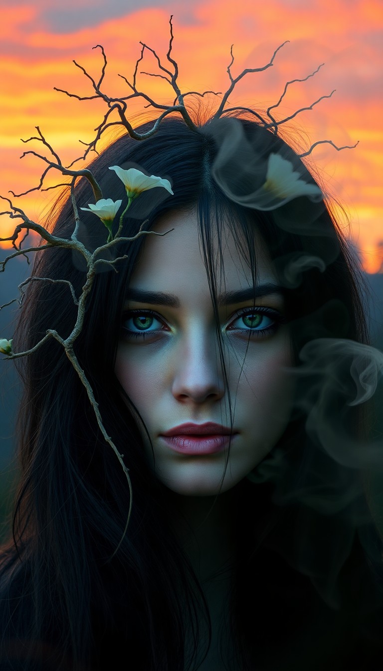 AI generated art for prompt: A striking double exposure portrait captures an enigmatic woman with piercing green eyes and cascadi