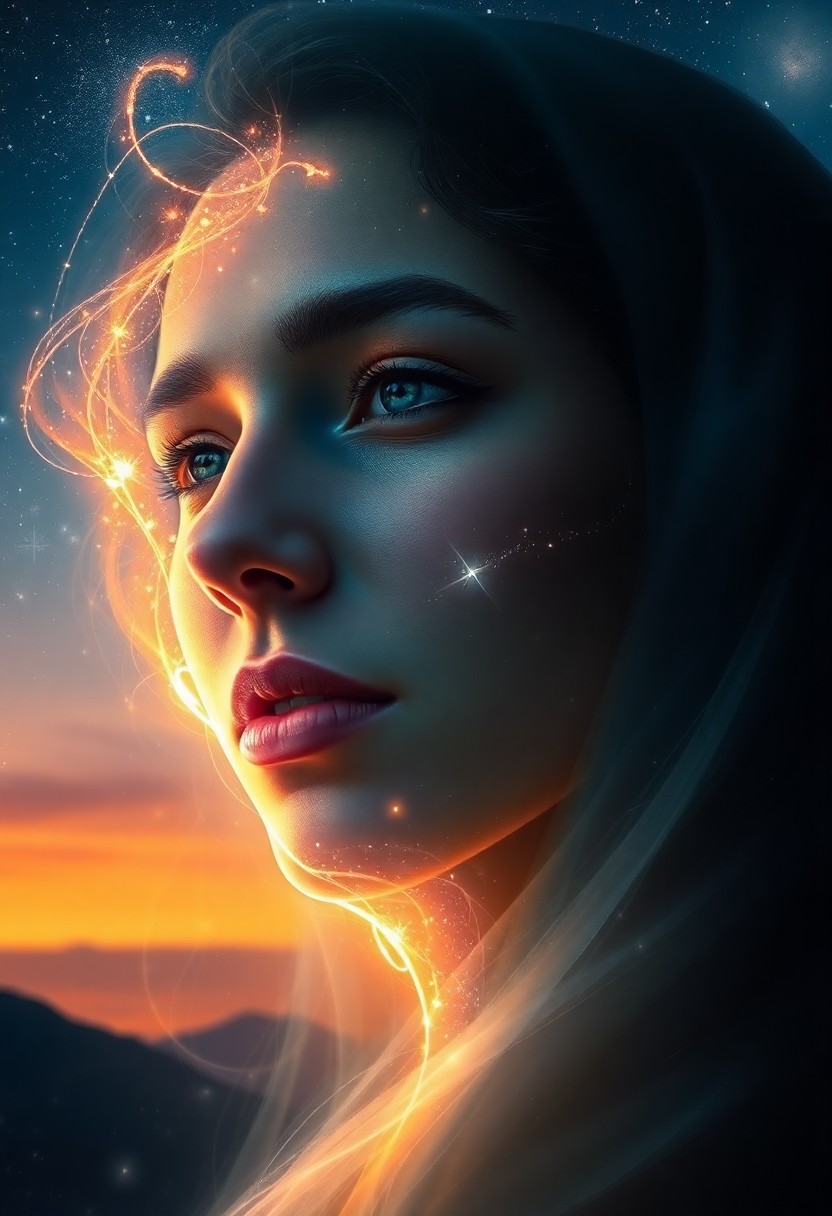 AI generated art for prompt: Create an image of "The Stargazer," a photorealistic digital art portrait illuminated by celestial l