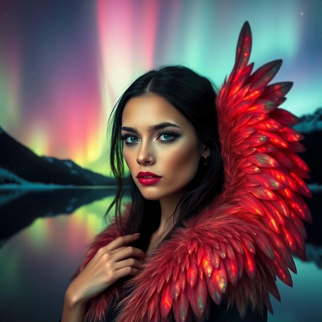 AI generated art for prompt: A portrait photograph showcases an enigmatic woman with ethereal wings adorned in iridescent feather