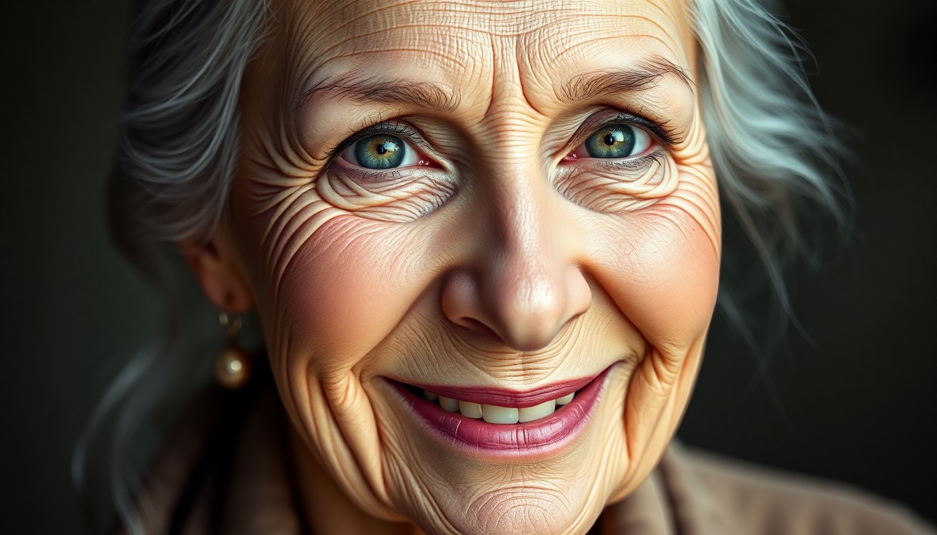 AI generated art for prompt: A captivating double exposure portrait of a senior woman with an engaging smile and warm, inviting e