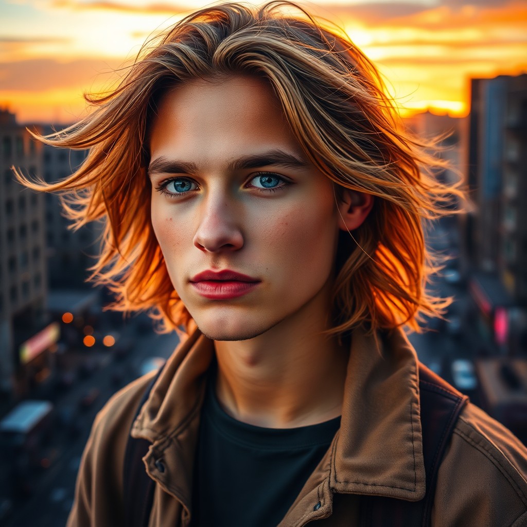 AI generated art for prompt: Craft a captivating portrait of a young man adorned with sun-kissed skin and windswept golden locks 