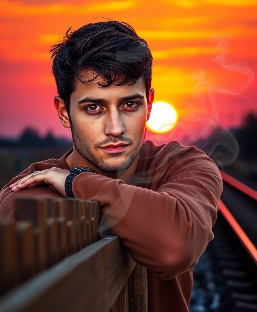 AI generated art for prompt: A young man in his late twenties, with rugged features and short dark hair, stands amidst a vibrant 