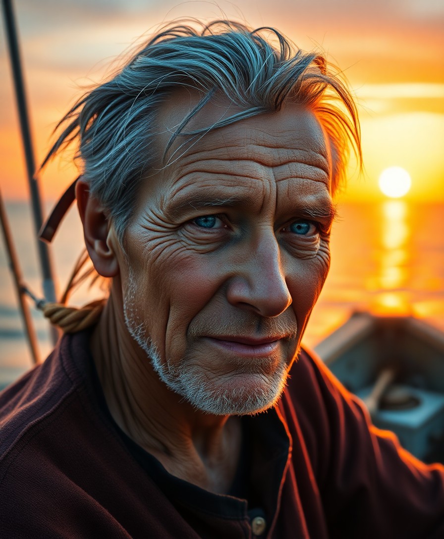 AI generated art for prompt: Create a photorealistic digital portrait of an aged yet captivating fisherman, about 60 years old, w