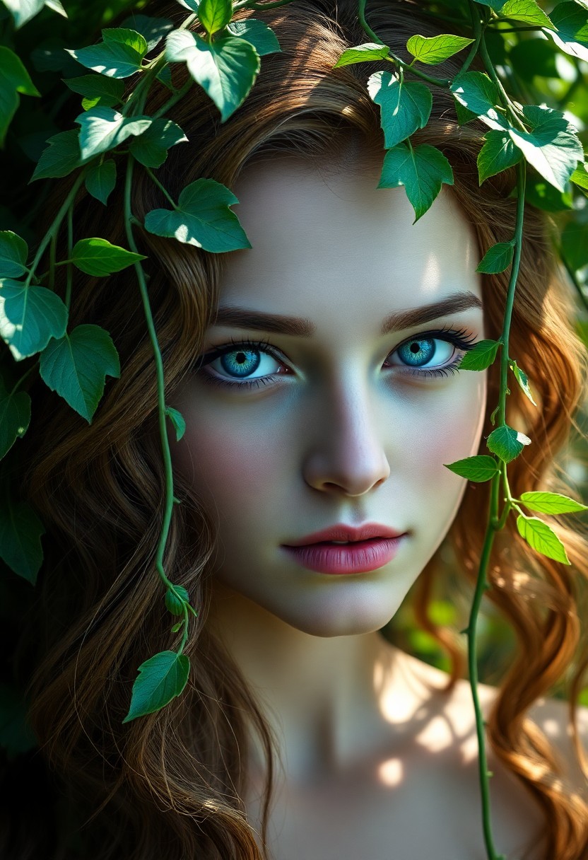 AI generated art for prompt: Create a photorealistic digital portrait of a young woman with captivating blue eyes and lush, wavy 