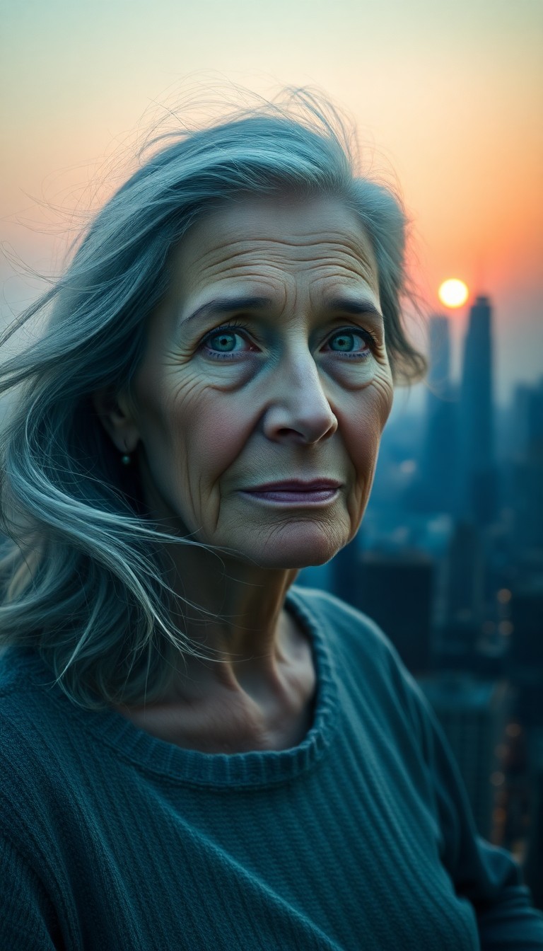 AI generated art for prompt: A portrait photograph captures an older woman with striking green eyes and silver-streaked hair, gen