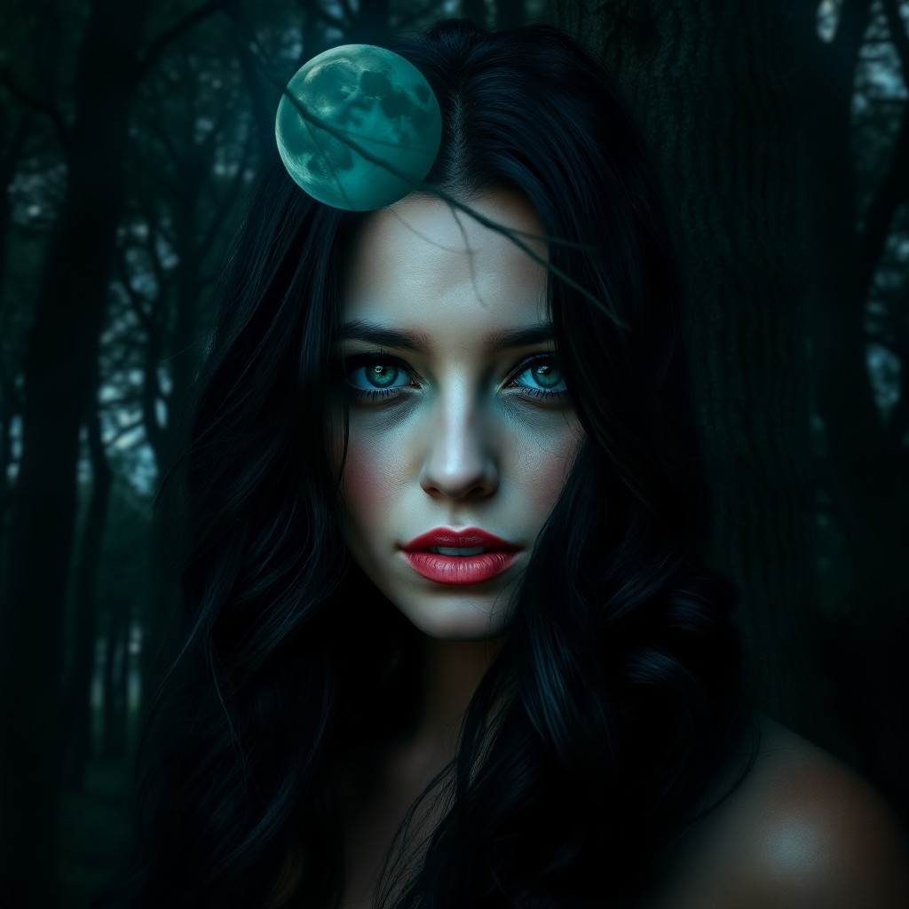 AI generated art for prompt: A captivating double exposure portrait depicts an enigmatic woman, Luna Nightshade, seamlessly mergi