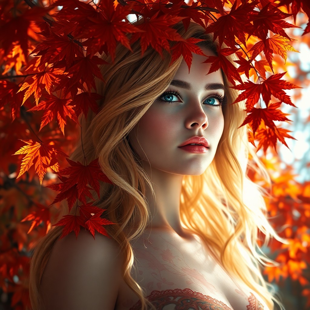 AI generated art for prompt: A captivating digital portrait showcases a woman enveloped in an ethereal glow amidst vibrant autumn