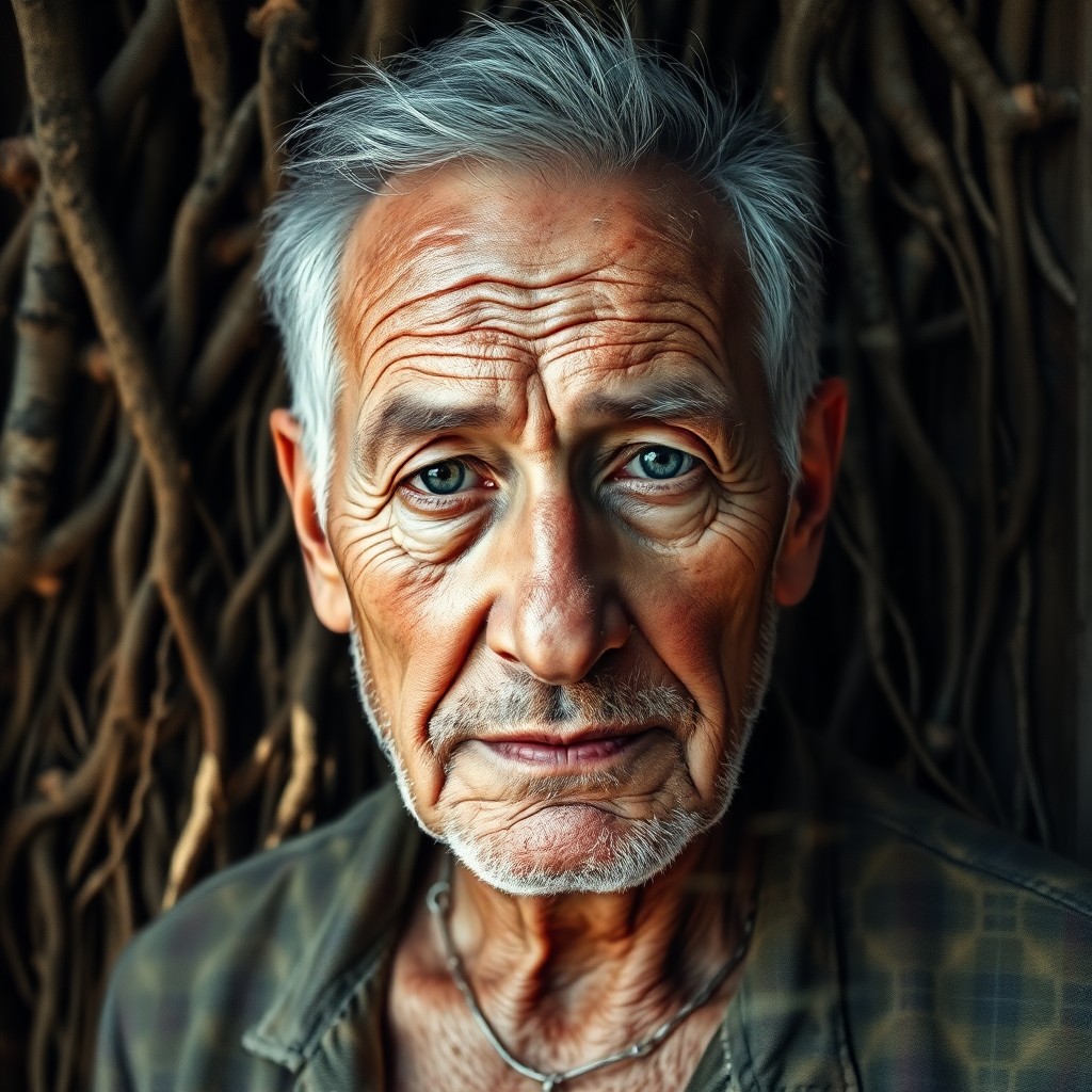 AI generated art for prompt: A captivating double exposure portrait showcases a mature man with distinctive wrinkles and soulful 