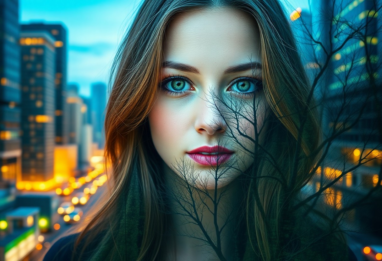 AI generated art for prompt: Imagine a captivating double exposure portrait of a young woman with intense green eyes and cascadin