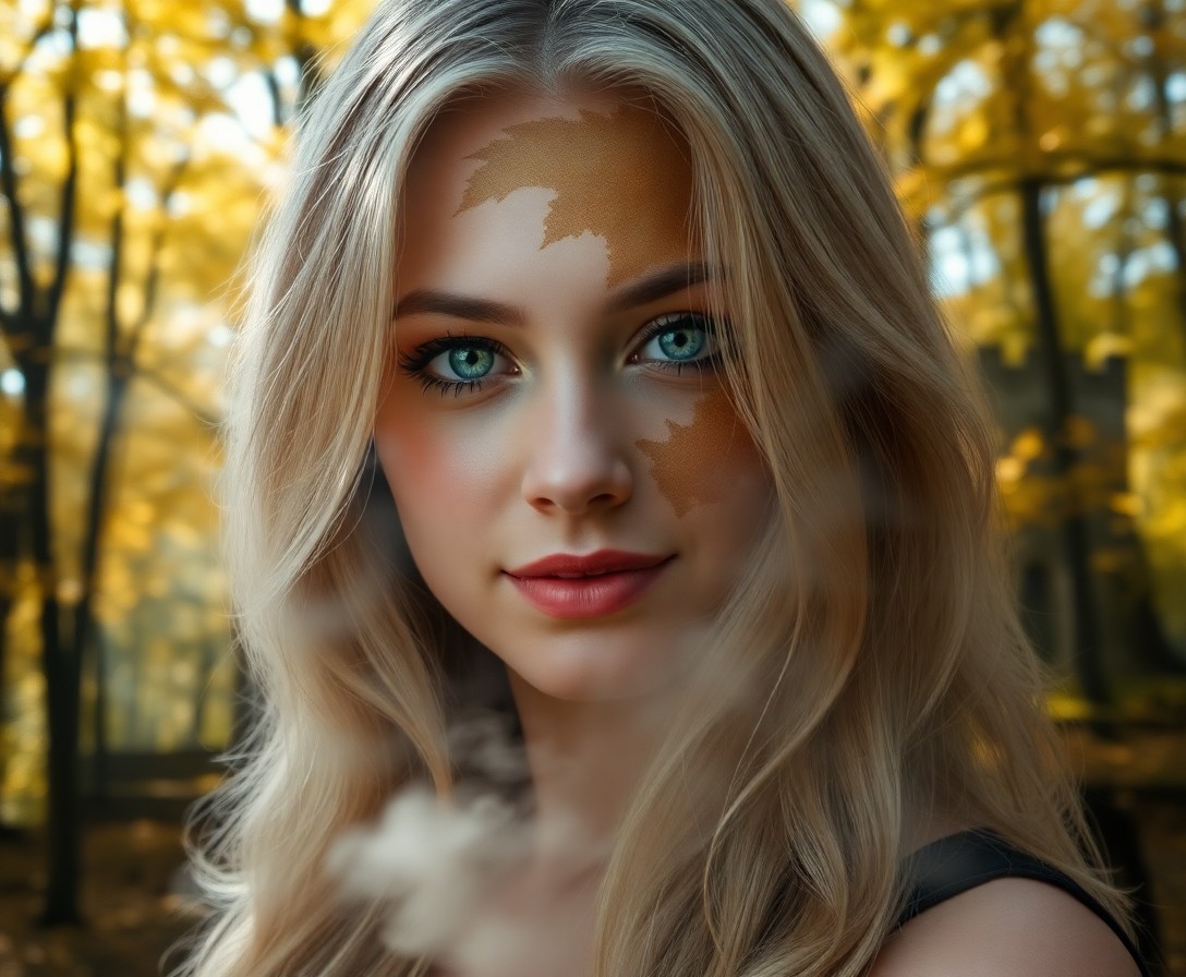 AI generated art for prompt: A portrait, captured with a DSLR camera, depicts an enigmatic woman with cascading blonde hair. Her 