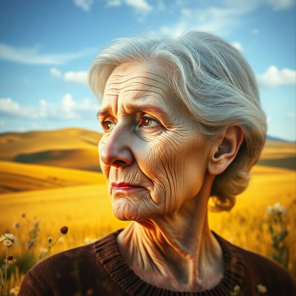 AI generated art for prompt: Craft a photorealistic double exposure portrait showcasing an elderly woman lost in pensive thought 