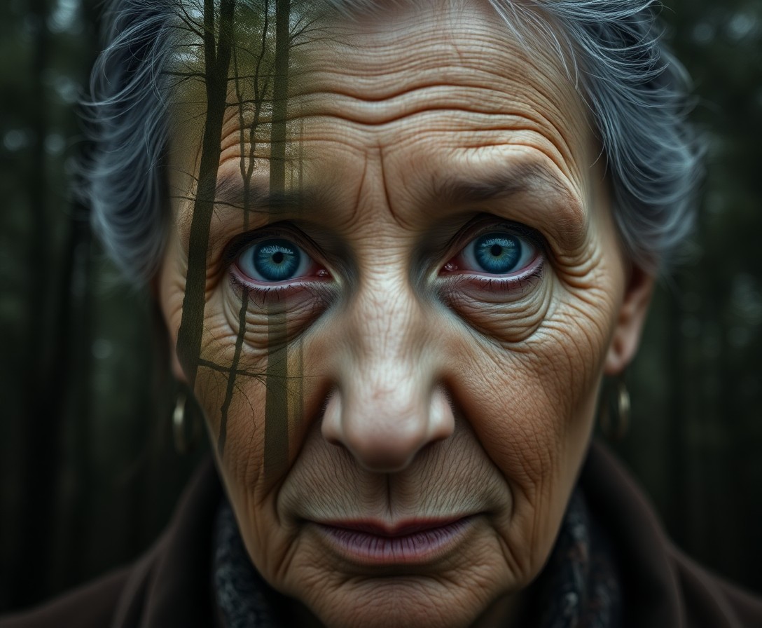 AI generated art for prompt: A portrait photograph captures an aged woman with deep-set wrinkles and piercing blue eyes, her face