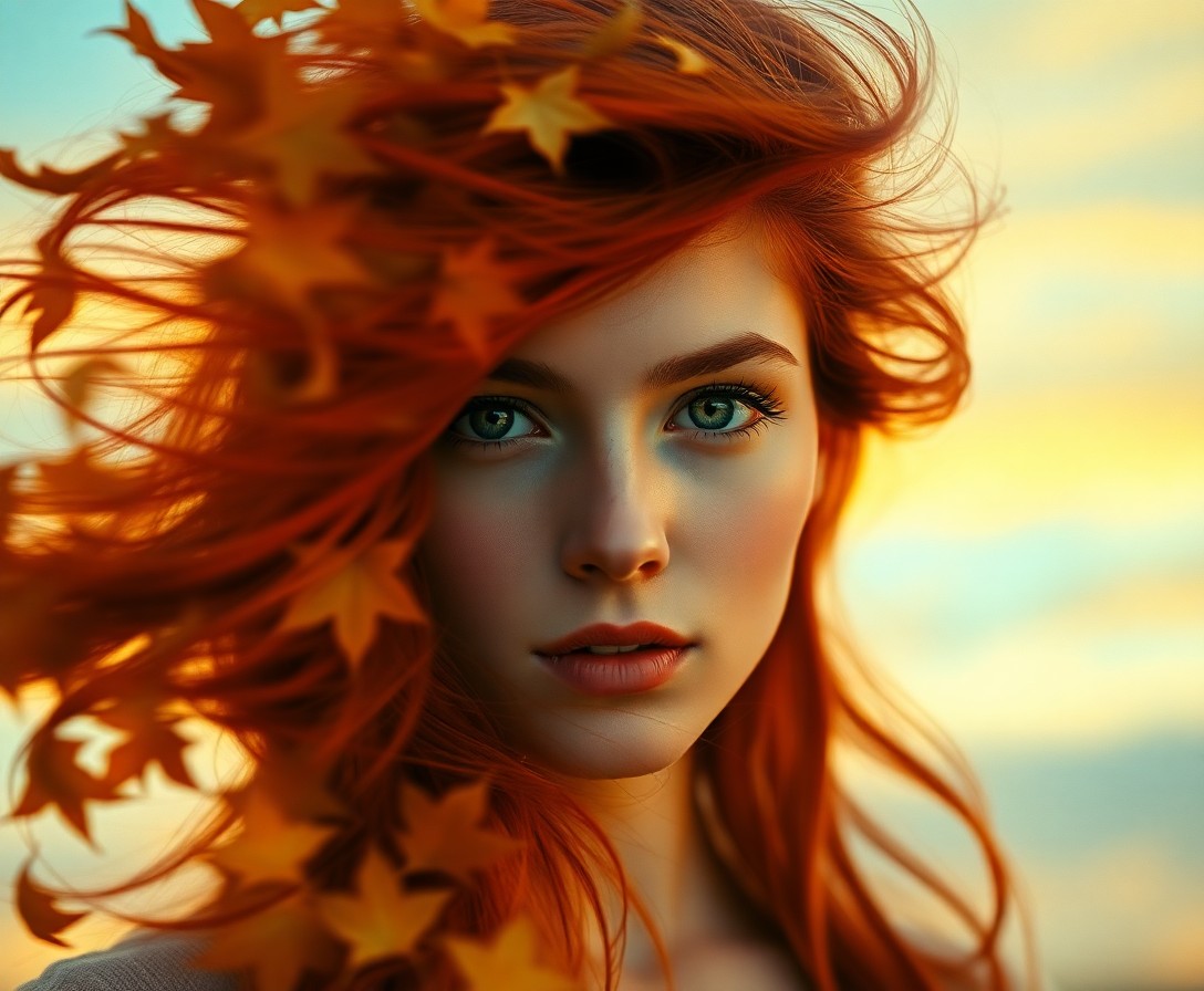 AI generated art for prompt: A portrait, captured on film, depicts a young woman with captivating green eyes and flowing red hair