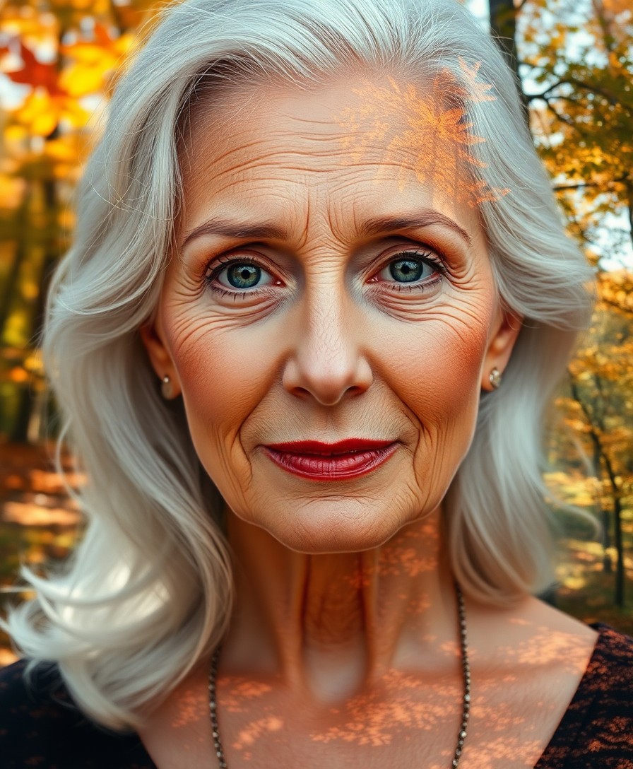 AI generated art for prompt: A captivating double exposure portrait of an elegant older woman with silver hair cascading over her