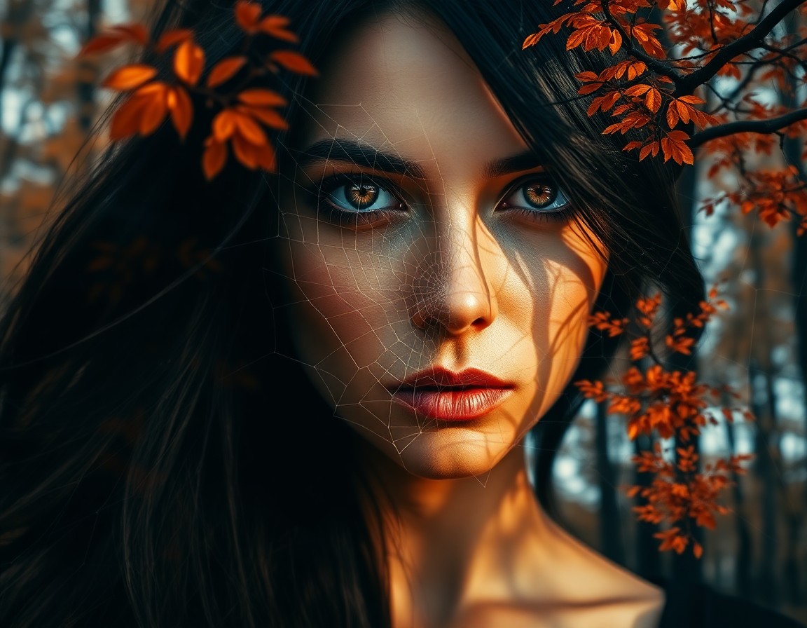 AI generated art for prompt: A striking double exposure portrait depicts an enigmatic woman with piercing eyes and flowing dark h