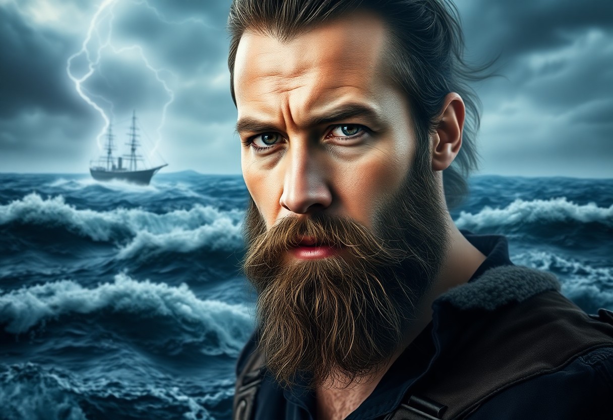 AI generated art for prompt: A portrait photograph captures a rugged, bearded adventurer against the backdrop of a stormy seascap