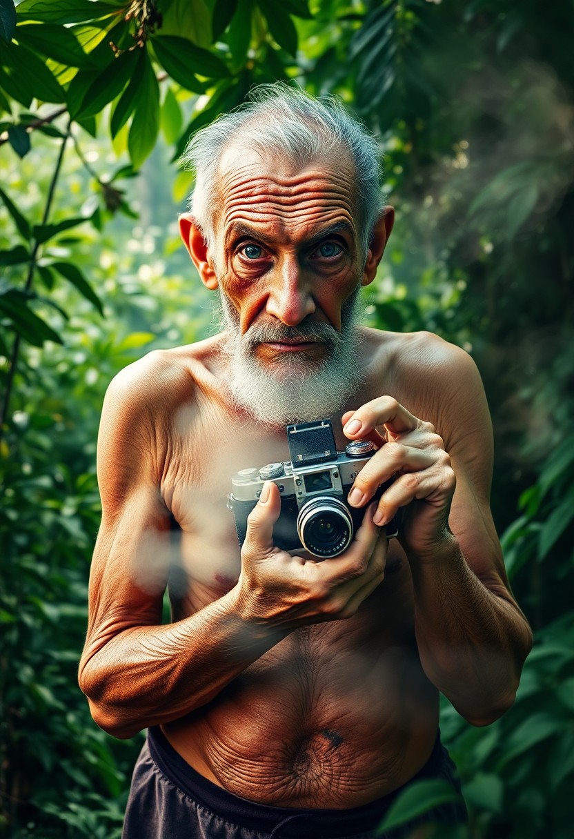 AI generated art for prompt: A photorealistic digital portrait captures an aged hermit standing at the threshold of a lush, dense