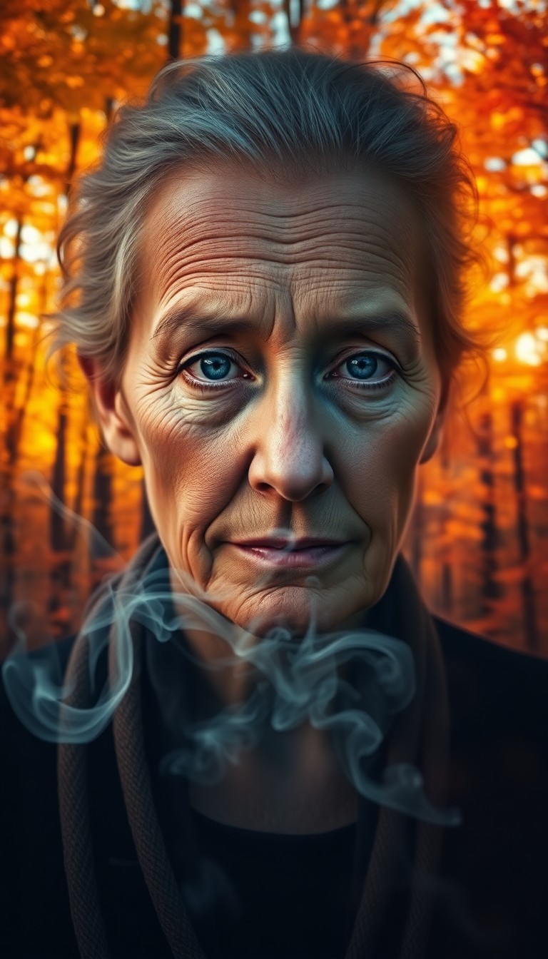 AI generated art for prompt: A portrait photograph captures an older woman with piercing blue eyes and a face weathered by life's